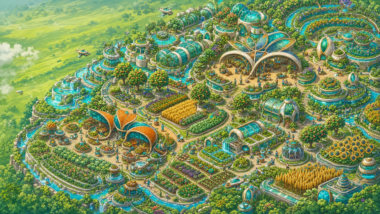 A dense regenerative farming district with orchards, grain fields, greenhouses, waterways, and community kitchens