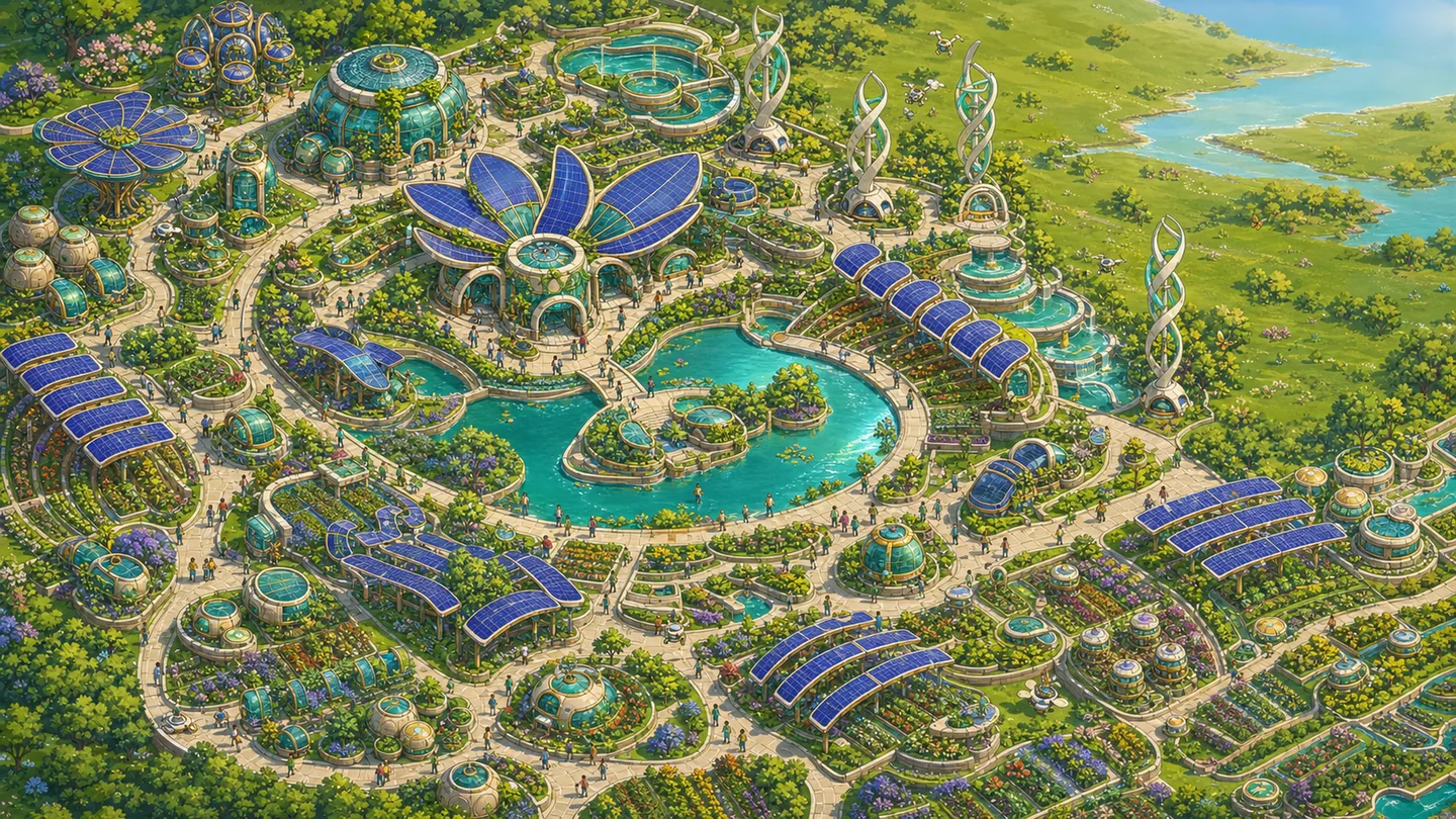 A clean-energy park with petal-shaped solar arrays above farms, reservoirs, and public greenways