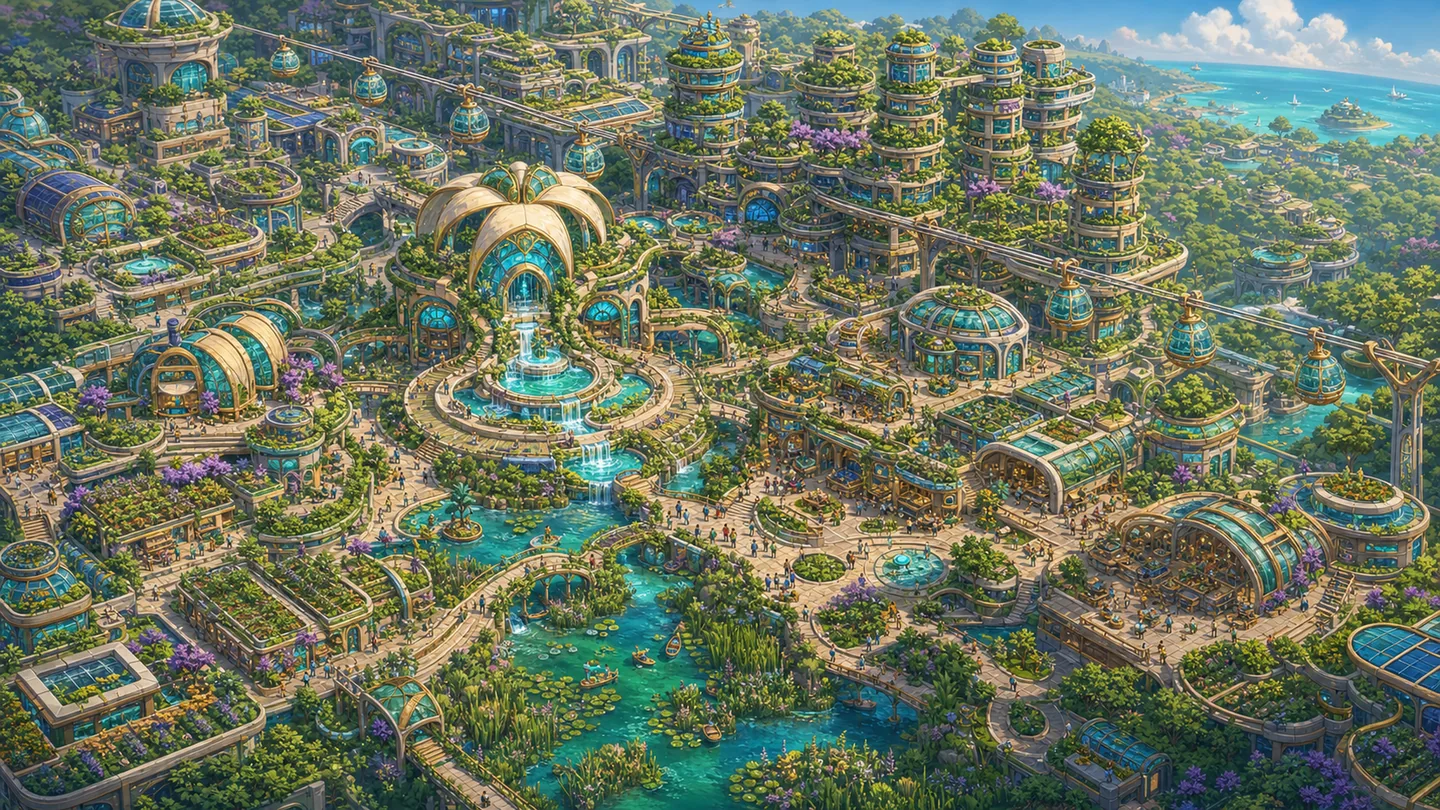 A vast solarpunk city with living towers, restored waterways, gardens, and aerial transit